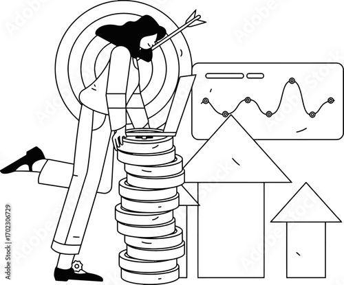 Achieve financial goals with a winning strategy, see growth charts and arrow targeting success, visualize business progress and investment returns, aim high and make every shot count