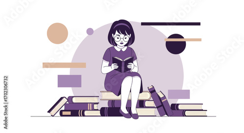 Illustration of a Young Woman Reading a Book While Sitting on a Stack of Books