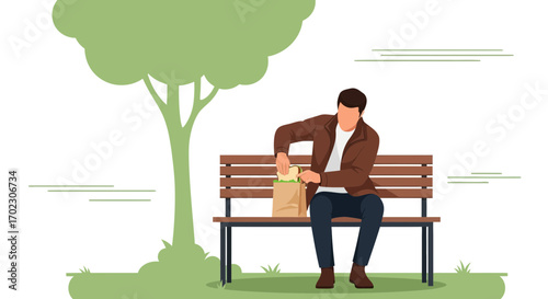 Man on bench eating a sandwich in a park on a sunny day vector illustration