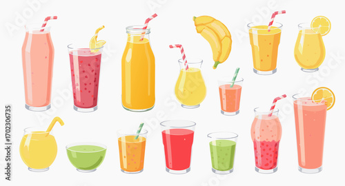 Vector illustration set of various fruit smoothies and juices on a white background.