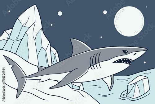 Cartoon shark swims near icebergs under a full moon at night