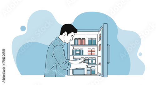 Man opening a refrigerator to grab some food or groceries, illustration in a simple style