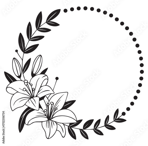 Black and white floral frame with lilies and leaves