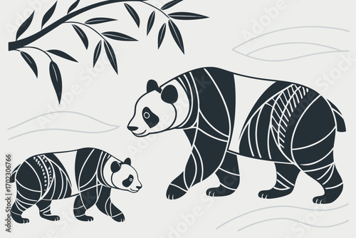 Stylized illustration of two pandas walking with bamboo branches above
