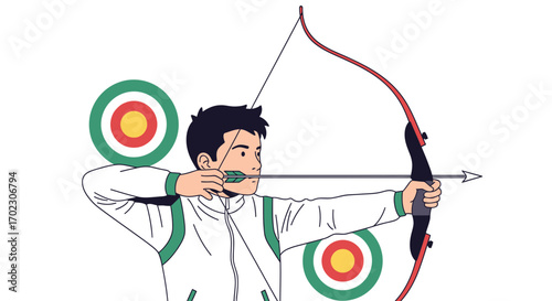 Illustration of an archer aiming and shooting an arrow at a target for archery competition