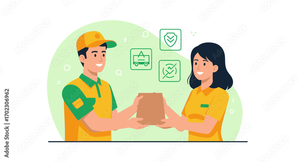 Fototapeta premium Illustration of courier delivering a package to a customer in a delivery process vector