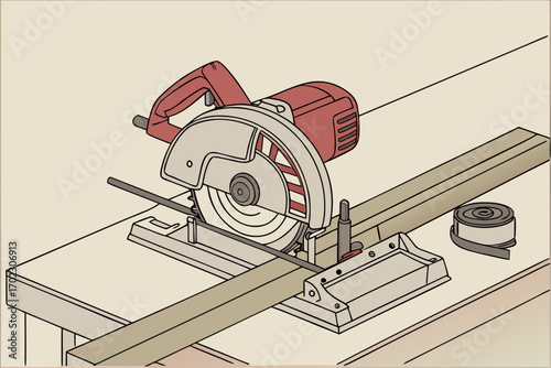 Circular saw set up on a workbench with a wooden plank and measuring tape