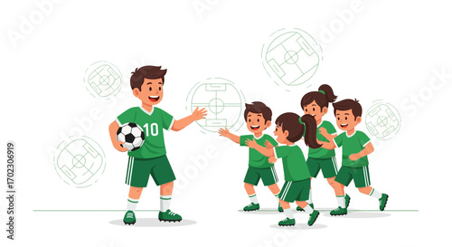 Illustration of children playing soccer with a coach on a white background