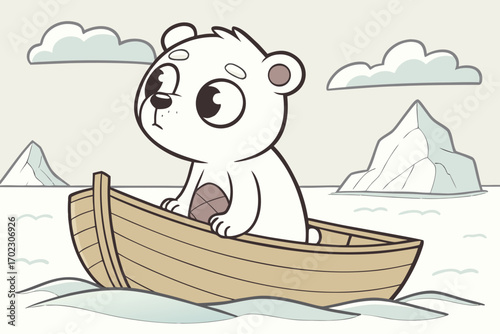 Cute cartoon polar bear in a boat with icebergs and clouds