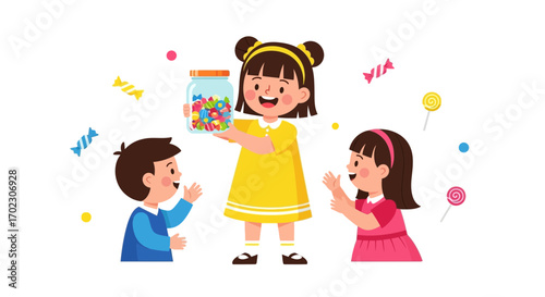 Illustration of children sharing candy from a jar with sweets on white background