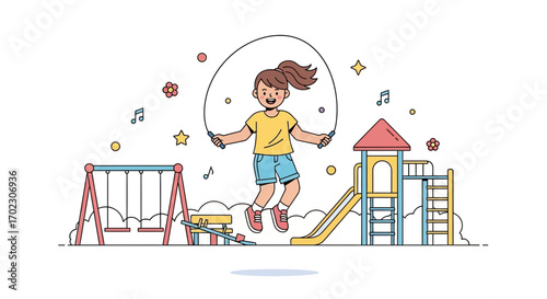 Illustration of cheerful girl jumping rope in a playground with swings and slides