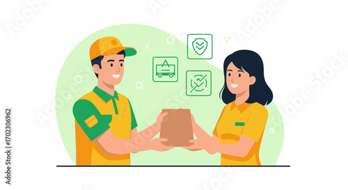 Illustration of courier delivering a package to a customer in a delivery process vector