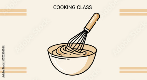Illustration of Cooking Class with a Whisk Mixing Batter in a Bowl for a Recipe