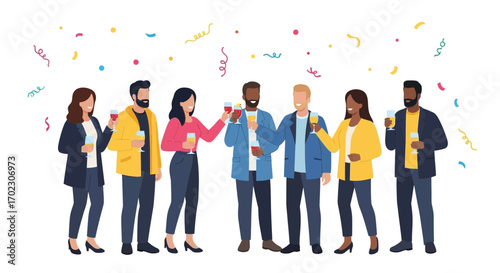 Illustration of diverse group toasting with drinks at a celebration or party