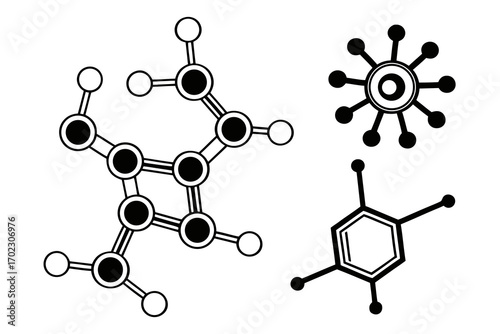 Abstract molecular structures and scientific icons on white background