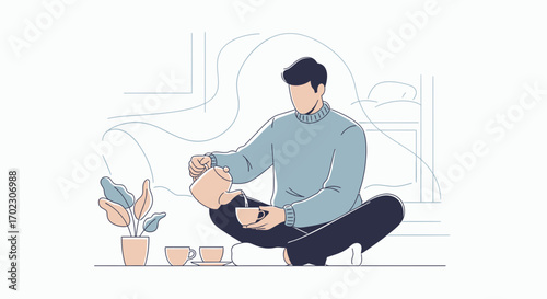 Man Pours Tea in a Cup While Sitting, Illustration of Relaxing Lifestyle