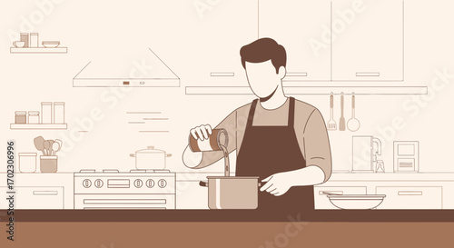 Man pouring ingredients into a pot while cooking in a modern kitchen illustration