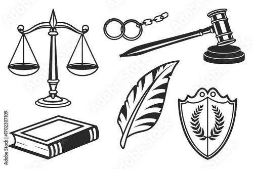 Collection of legal and justice symbols in black and white outline style