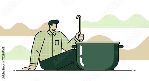 Man Preparing Food In Large Pot, Vector Illustration Depicting Culinary Activity