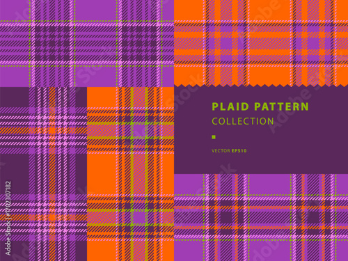 Plaid seamless patterns, tartan collection, set with purple and orange