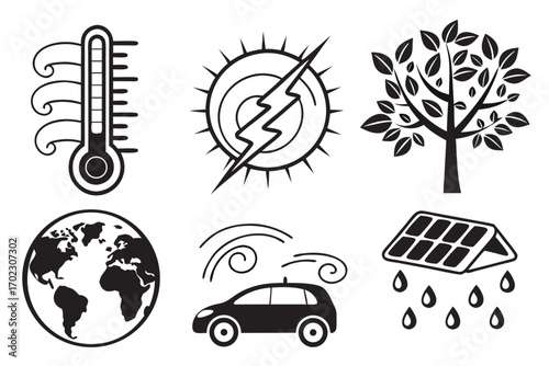 Set of icons representing environmental protection and renewable energy sources