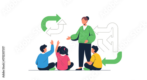 Illustration of Teacher and Students Discussing with Arrows Visualizing the Process