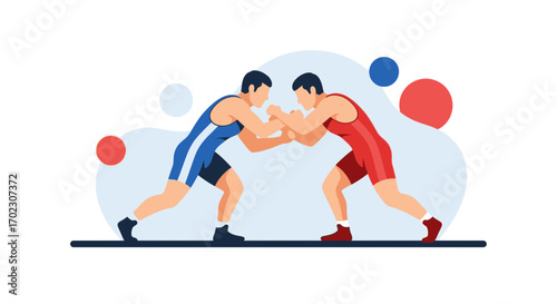 Illustration of two male wrestlers in competition showing athletic strength and action