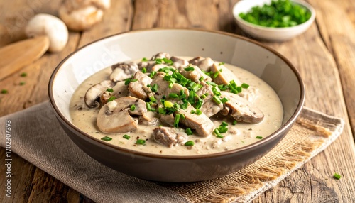 Delicious creamy mushroom and pork tenderloin dish with chives on rustic wood.