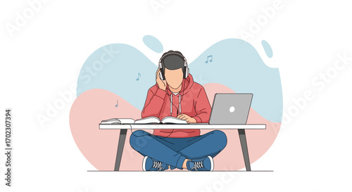 Man reading a book with headphone and a laptop, studying or working at home