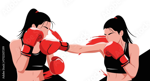 Illustration of Two Women Boxing in Red Gloves During a Match in a Vector Style