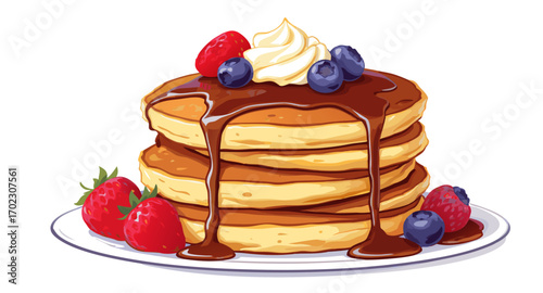 Delicious Stack of Pancakes with Berries and Whipped Cream.