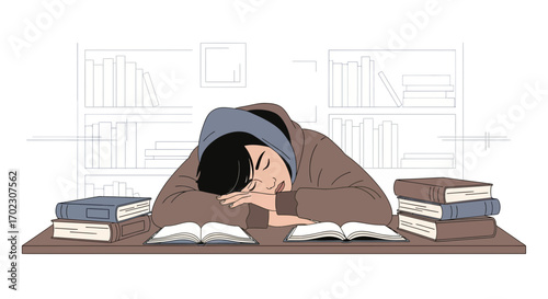 Illustration Young Person Asleep on Desk with Books in Library Studying Context
