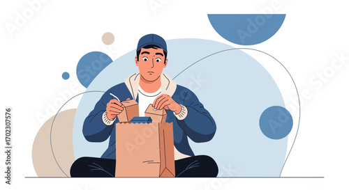 Man Receives Food Order Reviewing Brown Paper Bag Package Goods Delivery Vector