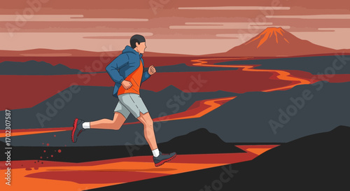 Illustrative artwork of a man running in a nature setting with volcanic features