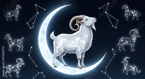 Zodiac Sign Aries, Goat, Moon, Stars, Celestial.