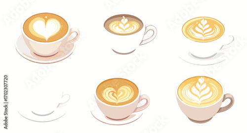 Collection of coffee cups with various latte art designs.