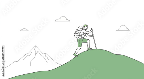 Illustrative depiction of a person hiking up a mountain slope, minimalist style