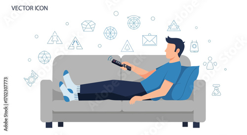 Man relaxing on the couch with the remote control in hand watching tv or movies