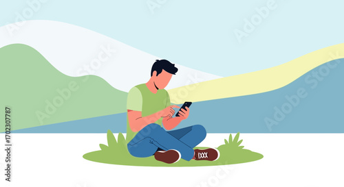 Man Relaxing Outdoors While Using Smartphone, Enjoying Nature And Modern Technology Interplay