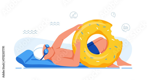 Man relaxing with a donut inflatable, summer vacation and beach time, vector illustration