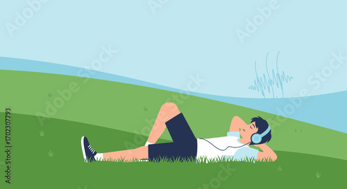 Man relaxing outdoors while listening to music with headphones digital illustration artwork