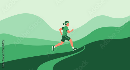 Man running through a green landscape, vector illustration for fitness and health