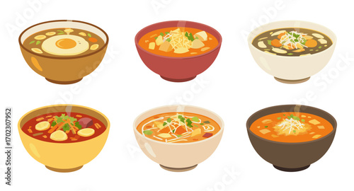 Six Bowls of Different Soups and Stews Illustrated.