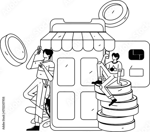 Engaging mobile banking app illustration, two people using online service for payments and transfers, modern finance concept, secure digital transactions, investing made easy with phone app