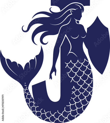 Mermaid logo design, letter J emblem, shield symbol, ocean fantasy icon, marine branding, elegant aquatic mascot, security mermaid illustration