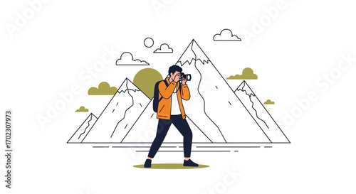 Illustrative image capturing a photographer in the mountains, taking pictures of landscapes