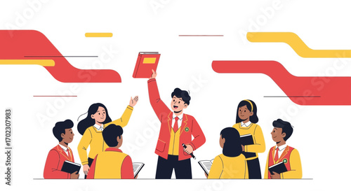 Illustrative image depicting a group of students with a teacher in uniform