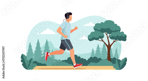 Man running with headphones in the park, listen music, fitness outdoor running in nature