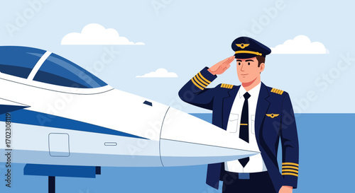 Illustrative Image of a Pilot Performing Salute Next To A Jet Airplane