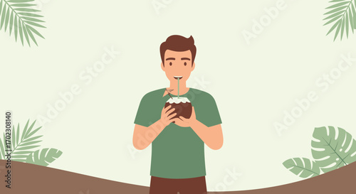 Man Sipping Fresh Coconut Water Illustrating Refreshment And Relaxation In Tropical Ambience
